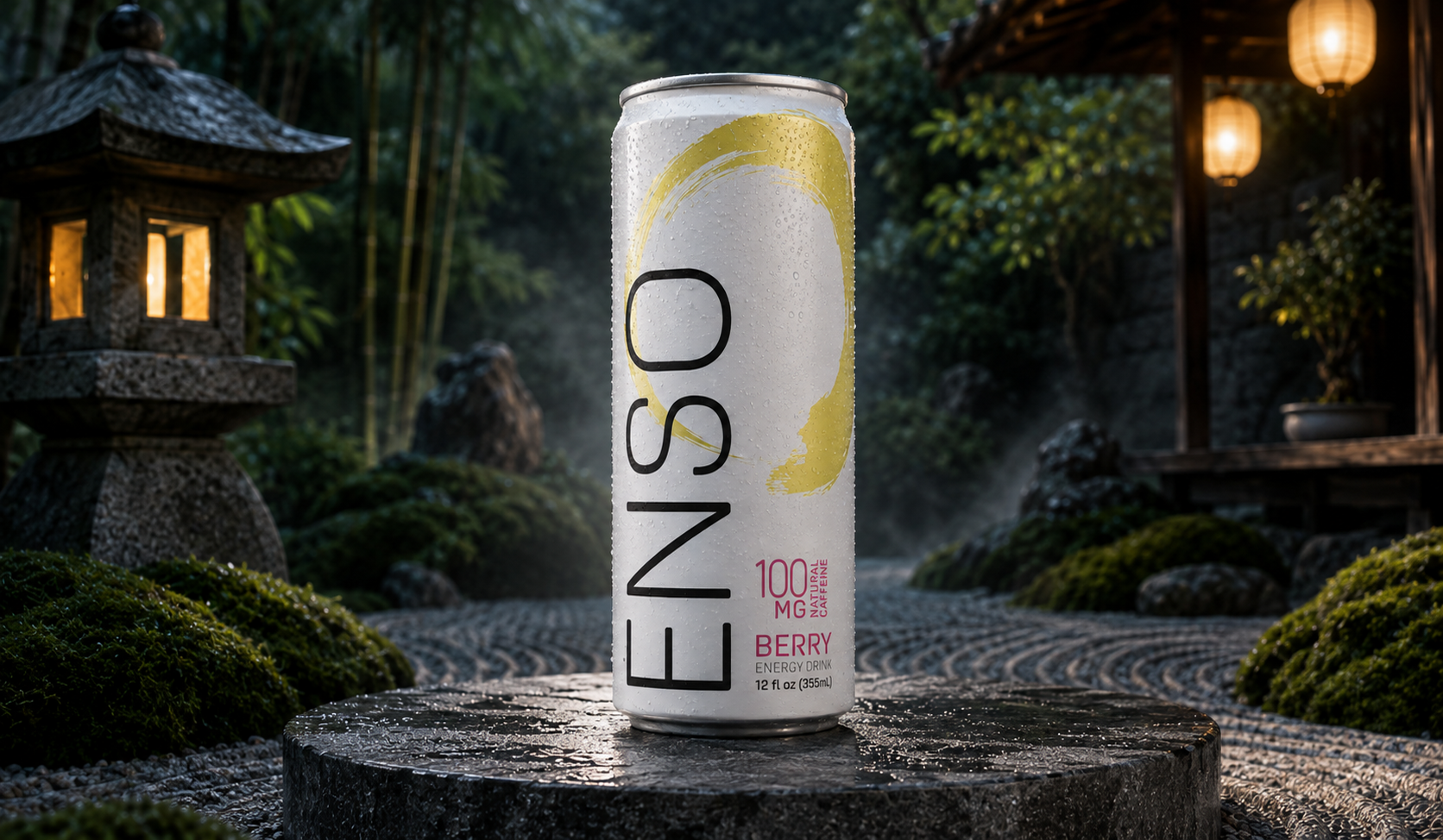 ENSO Energy berry can packaging in a garden setting
